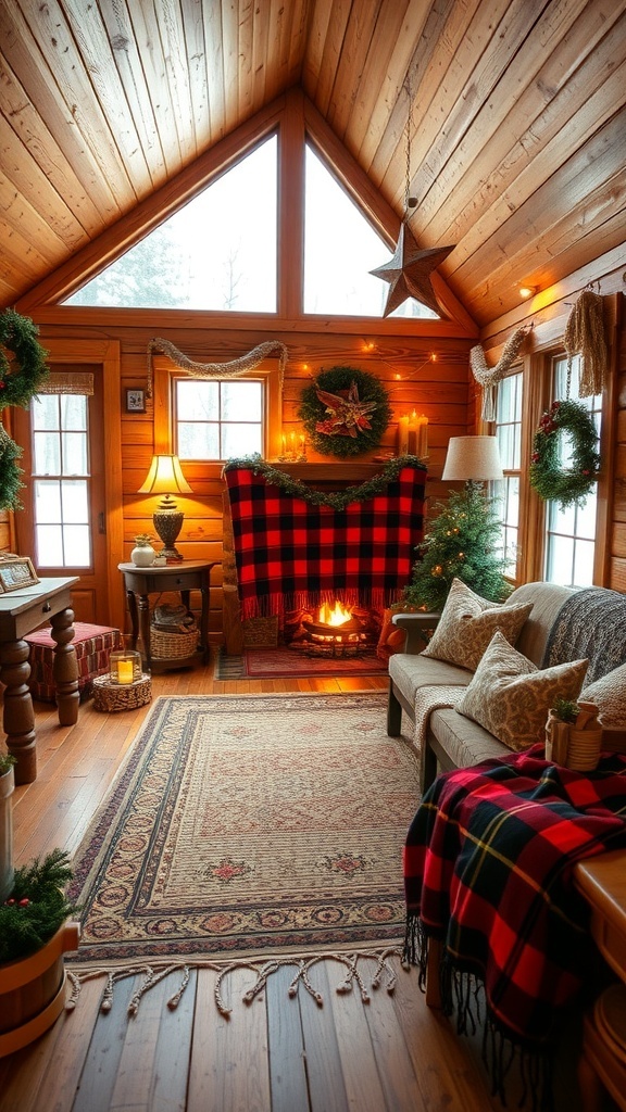 Cozy cabin interior with a fireplace, plaid blanket, and holiday decorations.