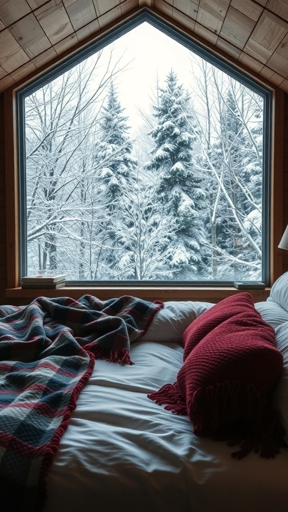 Cozy cabin bedroom with a view of snowy trees outside