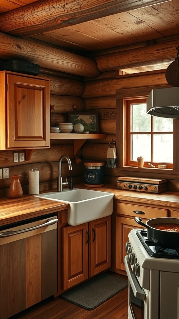 Cozy cabin kitchen with wooden cabinets and farmhouse sink.