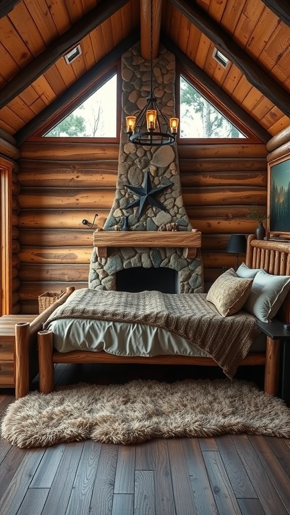 A rustic bed in a cozy cabin with wooden walls and a stone fireplace.