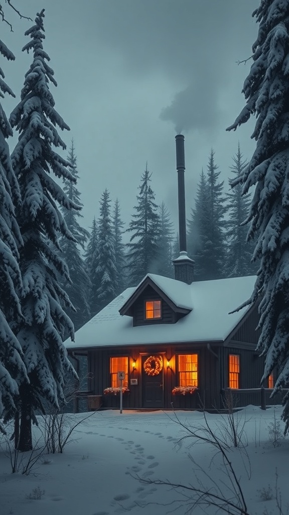 A cozy cabin in a snowy landscape with warm lights glowing from the windows.