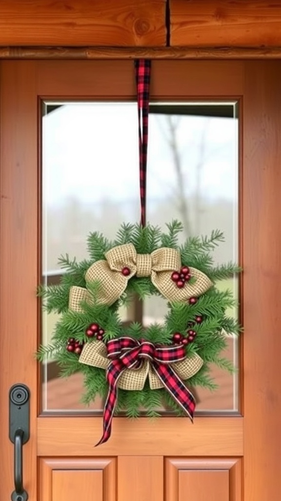 A cozy cabin style wreath with greenery, burlap, and plaid ribbon hanging on a wooden door.