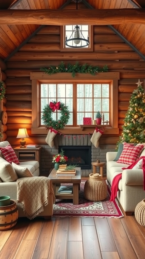 A rustic cabin living room decorated for Christmas with a tree, wreaths, and stockings.