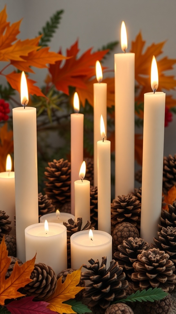A cozy arrangement of candles surrounded by pinecones and autumn leaves.