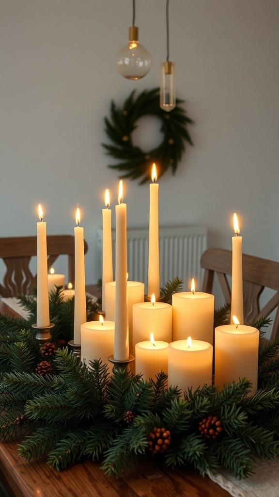 A cozy arrangement of candles surrounded by greenery on a dining table for Christmas.