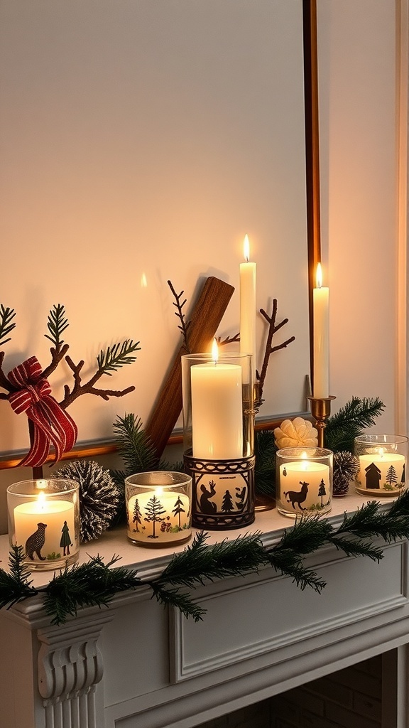A cozy winter mantle decorated with various candles, greenery, and festive accents.
