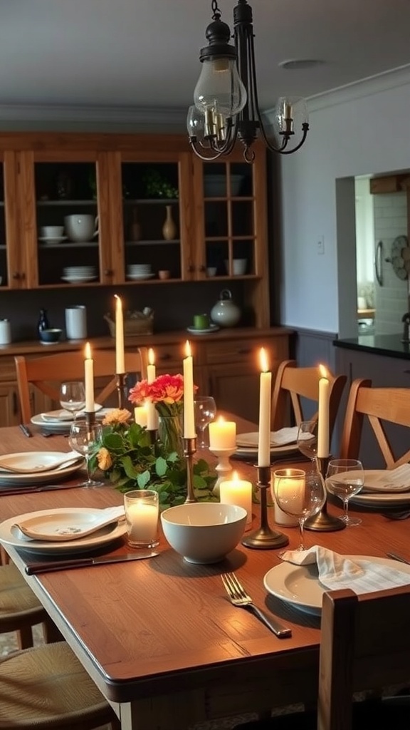 A cozy farmhouse kitchen table set for dinner with candles and flowers.