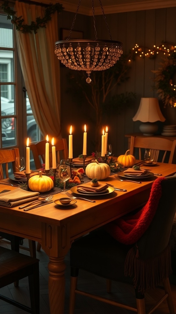 A beautifully set Thanksgiving table with candles, pumpkins, and a cozy atmosphere.