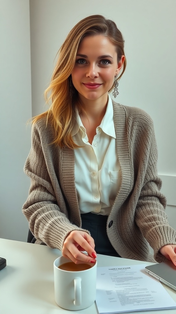A cozy beige cardigan over a white dress shirt, with a cup of coffee and glasses on a wooden table.
