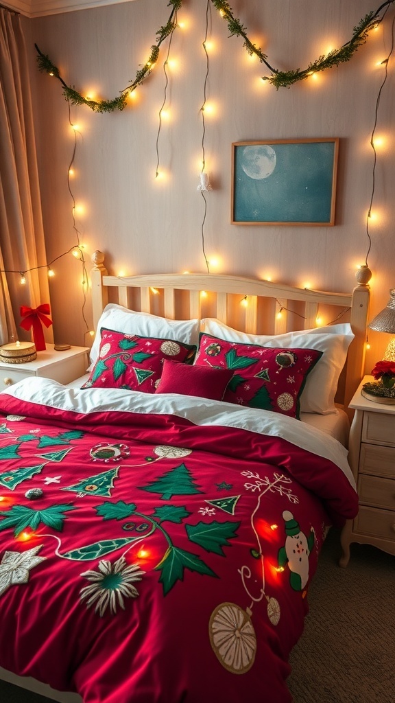 A cozy Christmas-themed bedroom with red bedding, decorative pillows, and fairy lights.