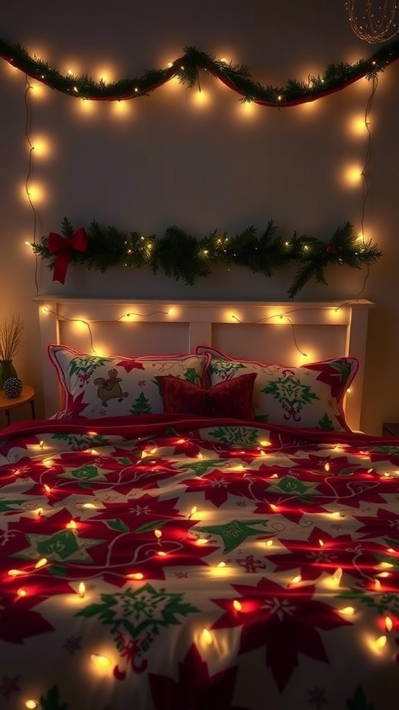 A cozy Christmas-themed bedroom with festive bedding, twinkling lights, and holiday decorations.