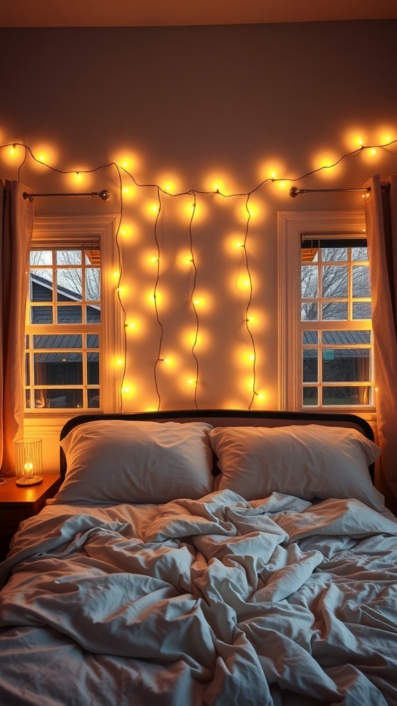 A cozy bedroom with fairy lights draped around the windows, creating a warm and inviting atmosphere.