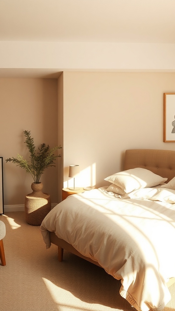 A cozy bedroom with light beige walls, soft bedding, and a potted plant, illuminated by natural light.