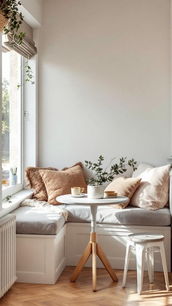 A cozy kitchen nook with corner seating, soft cushions, a small table, and plants.