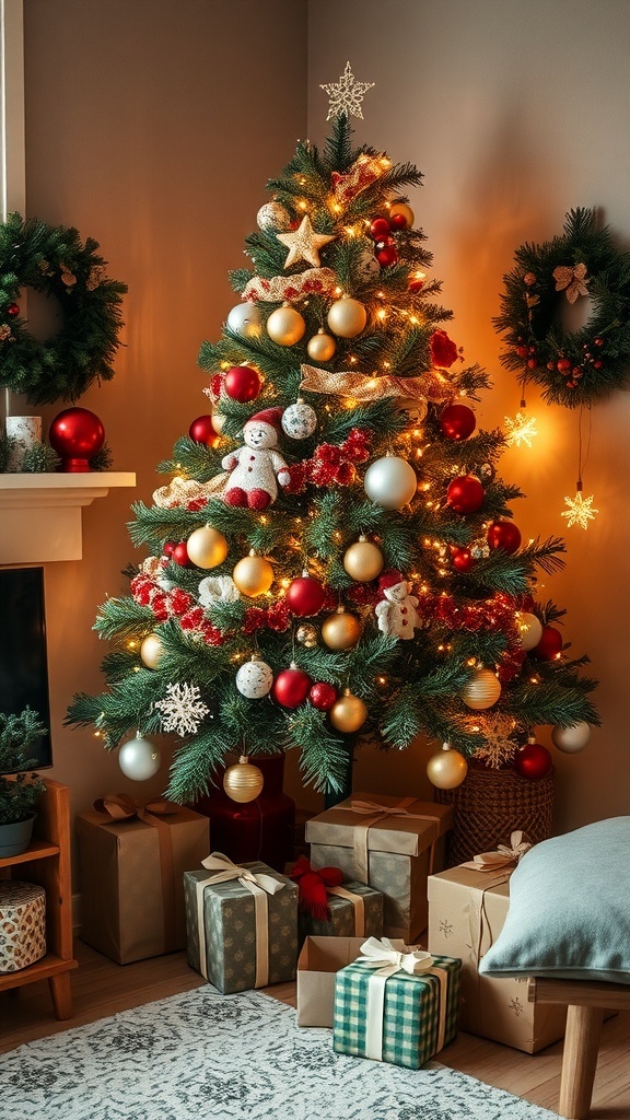 Cozy corner with a decorated Christmas tree, gifts, and wreaths.
