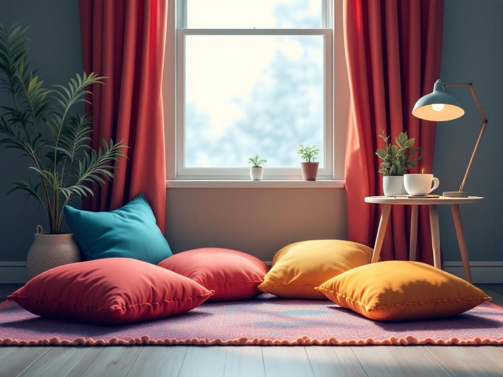 A cozy reading nook with colorful floor cushions, a small table, and plants by the window.