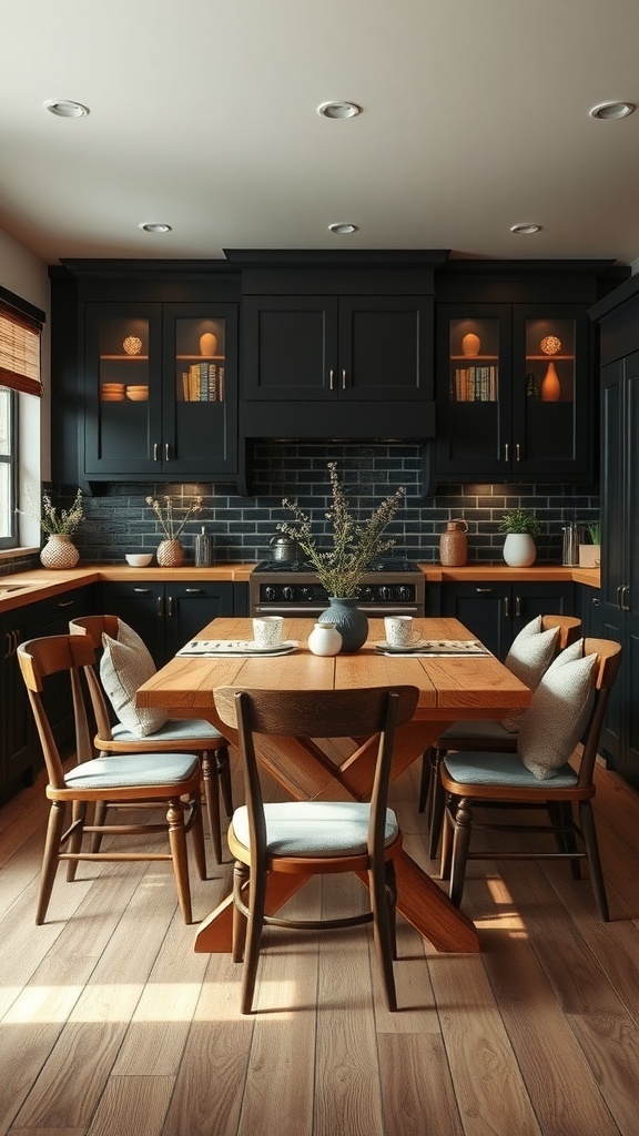 Cozy black farmhouse kitchen dining nook with wooden table and chairs