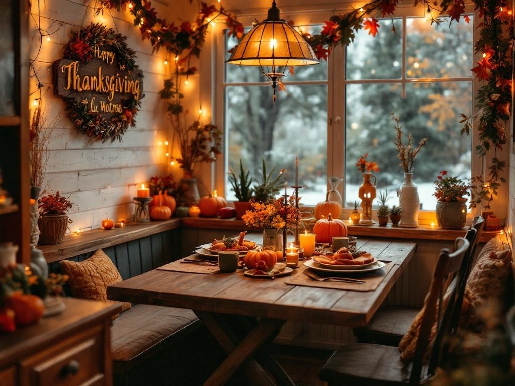 Cozy Thanksgiving dining nook with warm lighting, pumpkins, and festive decor