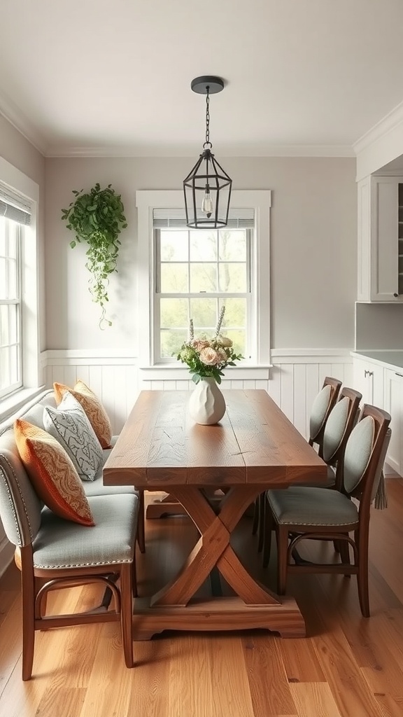 Cozy dining nook with a wooden table, comfortable chairs, and natural light
