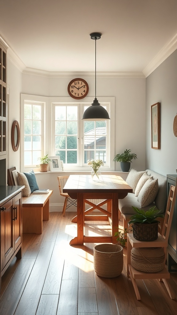 Cozy farmhouse style dining nook with wooden table and soft seating