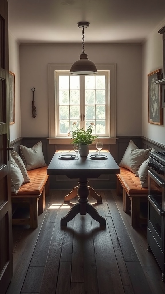 A cozy dining nook with a wooden table, cushioned benches, and natural light.