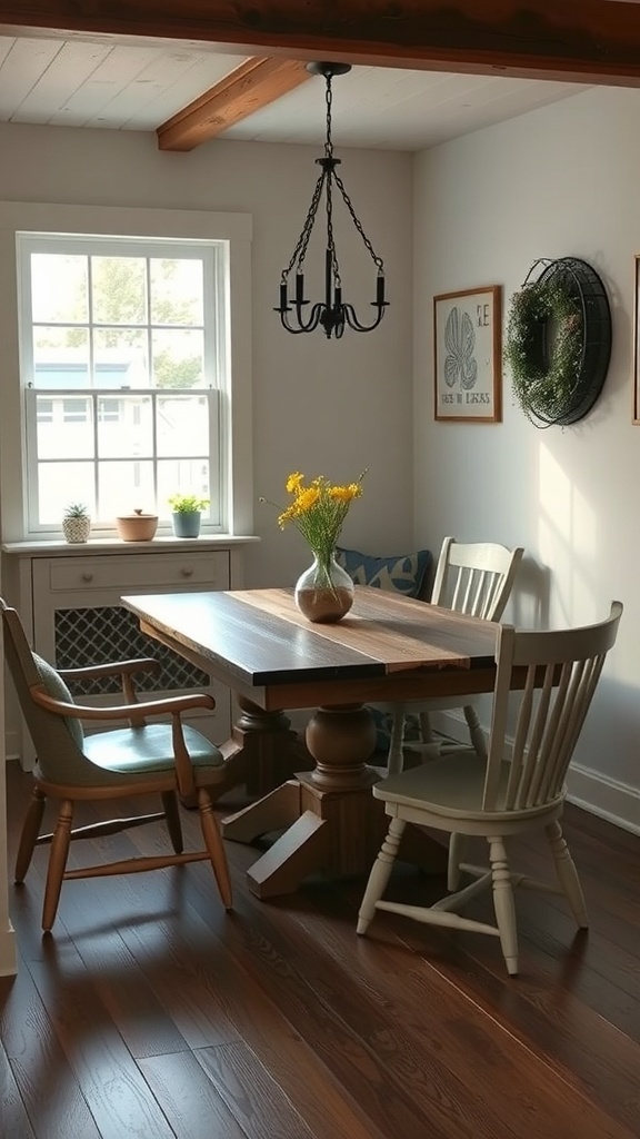 Cozy dining nook featuring a farmhouse table and comfortable chairs.