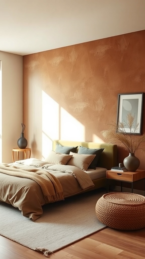 A warm modern bedroom featuring earthy tones with a terracotta wall, a green bed, and natural textures.