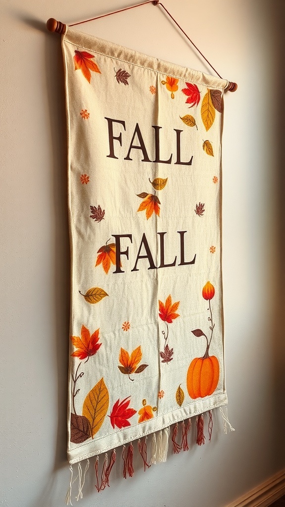 A cozy fabric banner featuring the word 'Fall' with pumpkins and leaves, hanging on a wall.