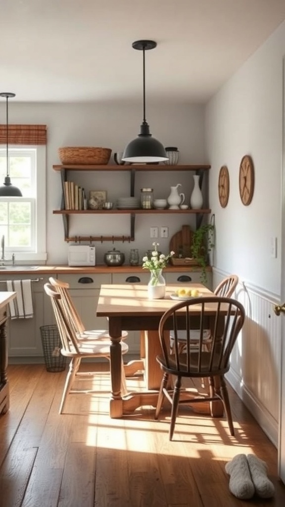 A cozy farmhouse dining nook with wooden table and chairs, natural light, and rustic decor.