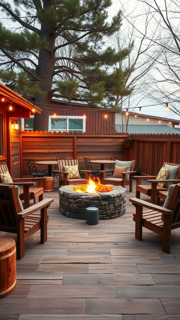 A rustic fire pit area with wooden chairs and a stone fire pit surrounded by trees.