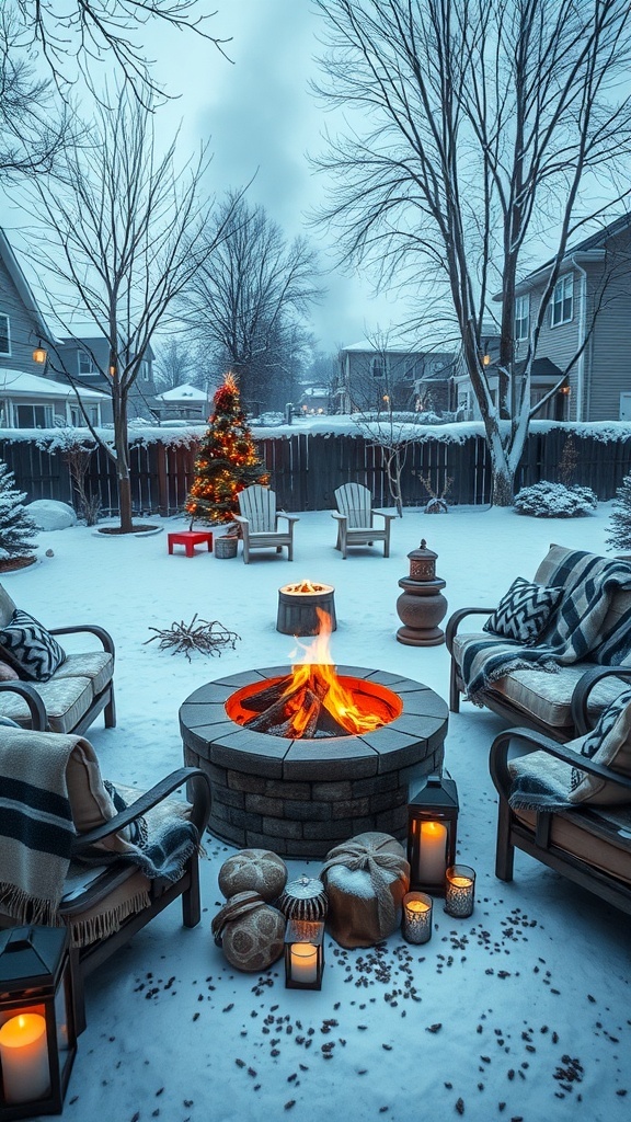A cozy outdoor fire pit arrangement surrounded by chairs, blankets, and winter decor.