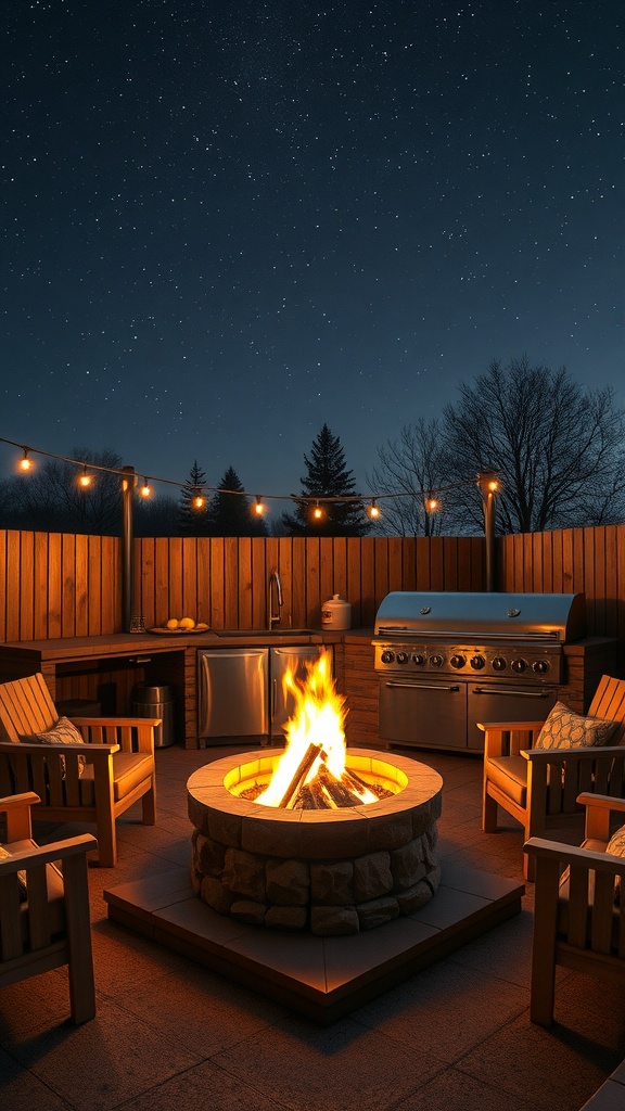 Cozy outdoor kitchen with a fire pit, grill, and seating area under starry sky