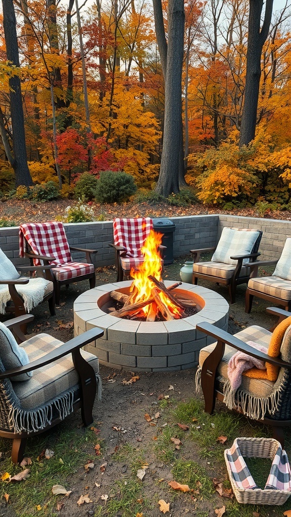A cozy fire pit setup surrounded by chairs and autumn foliage.