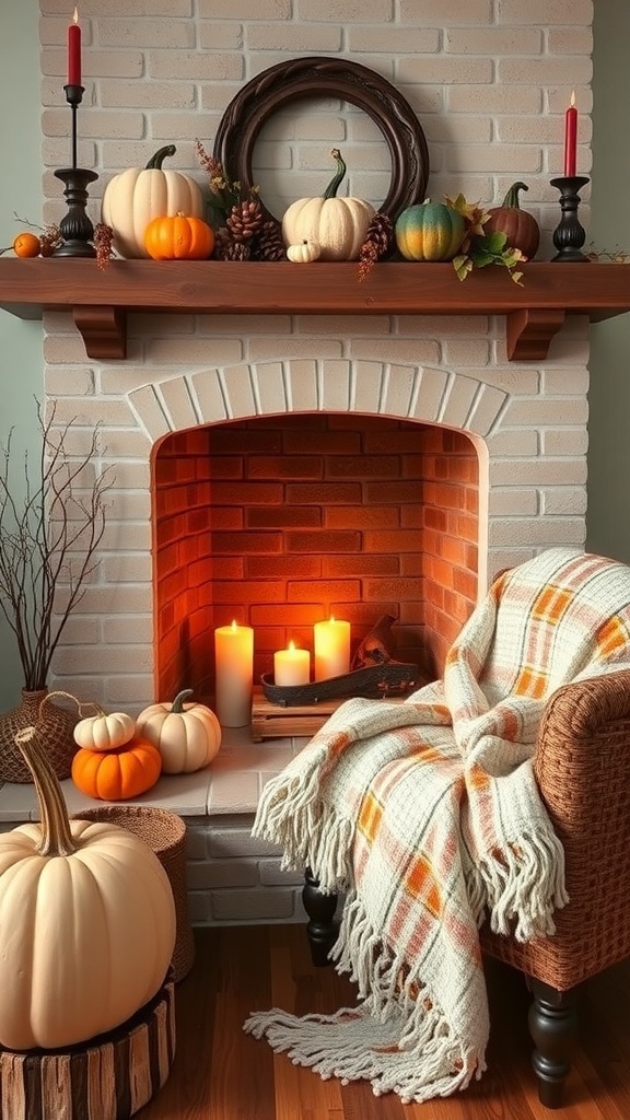 A cozy fireplace arrangement featuring pumpkins, candles, and a warm blanket.