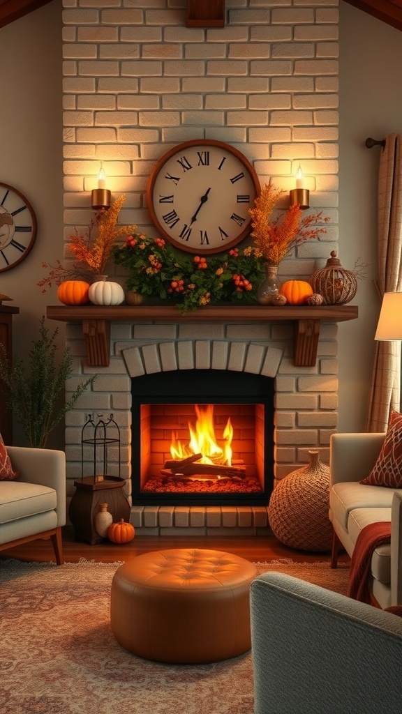 A cozy living room with a fireplace, decorated for fall with pumpkins and autumn foliage.