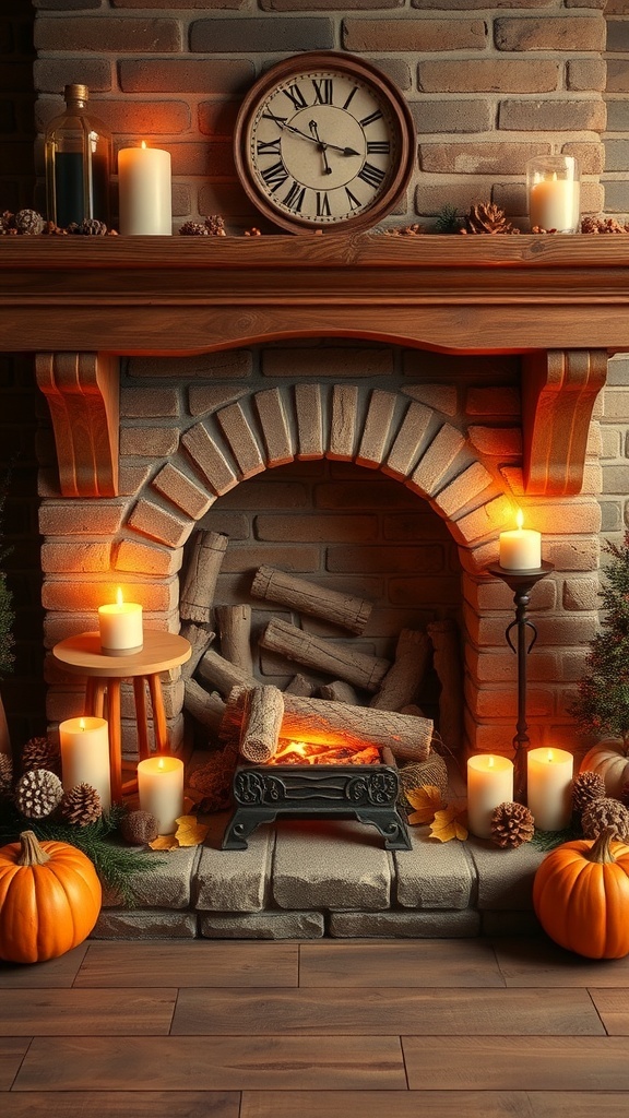 A cozy fireplace arrangement with candles, pumpkins, and a wooden mantel.