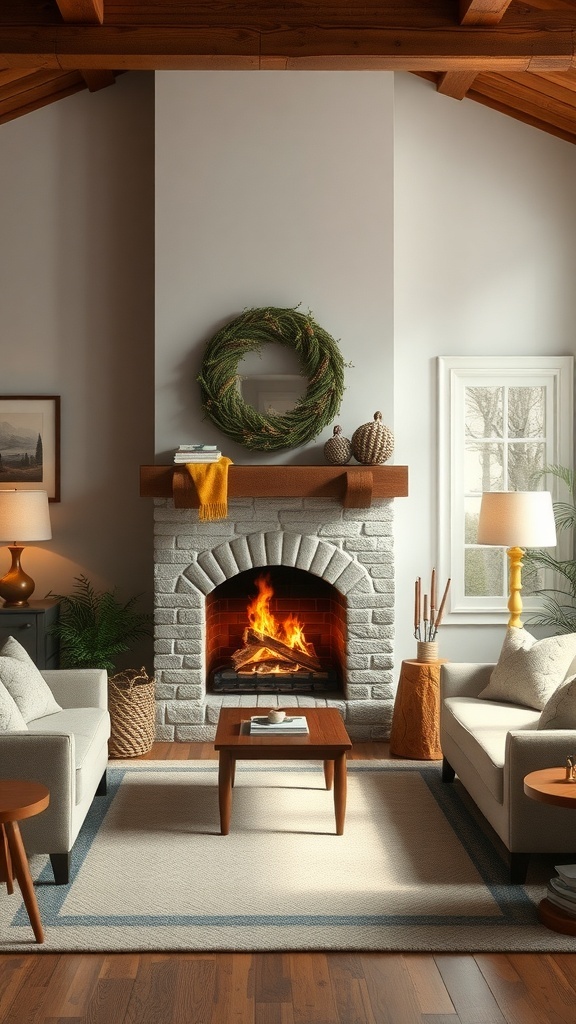Cozy living room featuring a fireplace with a wreath above it, surrounded by comfortable seating.