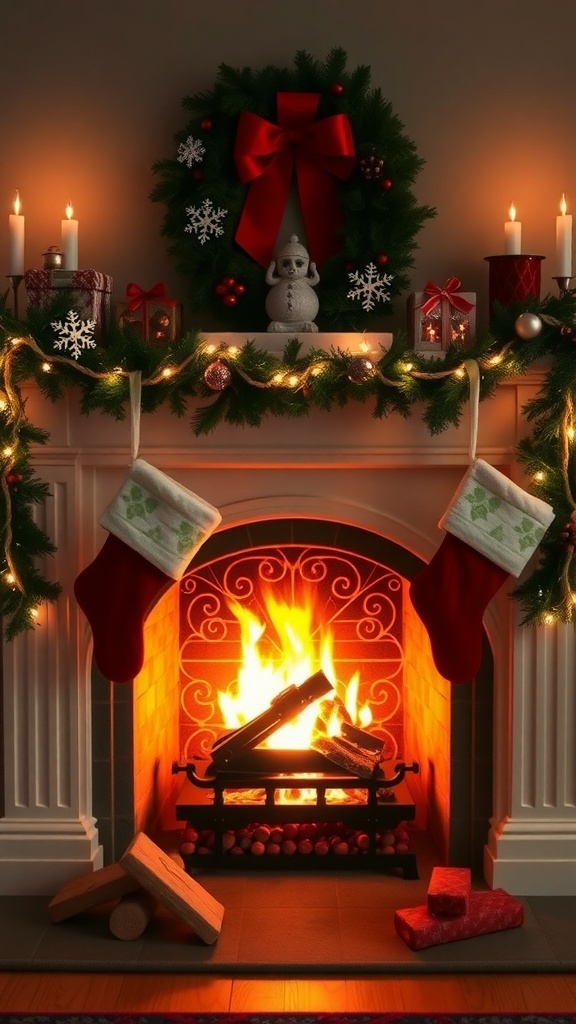 A cozy fireplace decorated for Christmas with stockings, a festive garland, and a warm fire.