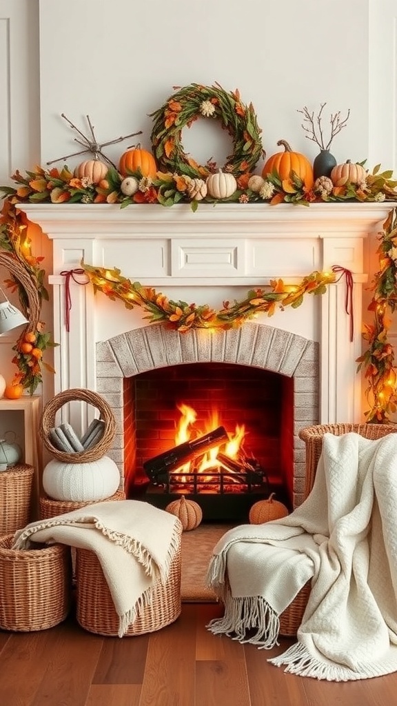 Cozy fireplace decorated for fall with pumpkins, leaves, and warm lighting