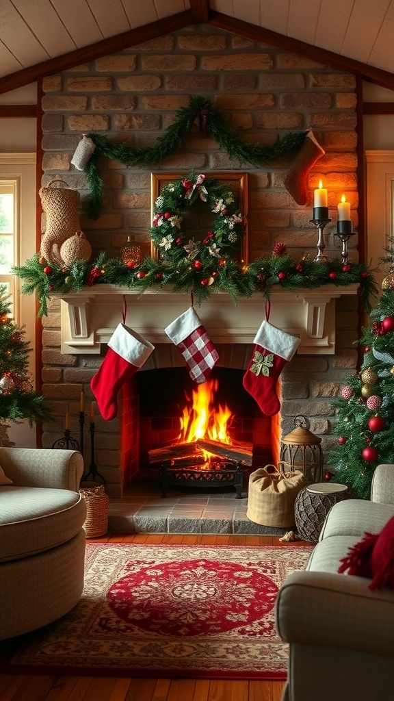 A cozy fireplace decorated for Christmas with stockings, garlands, and a warm fire.