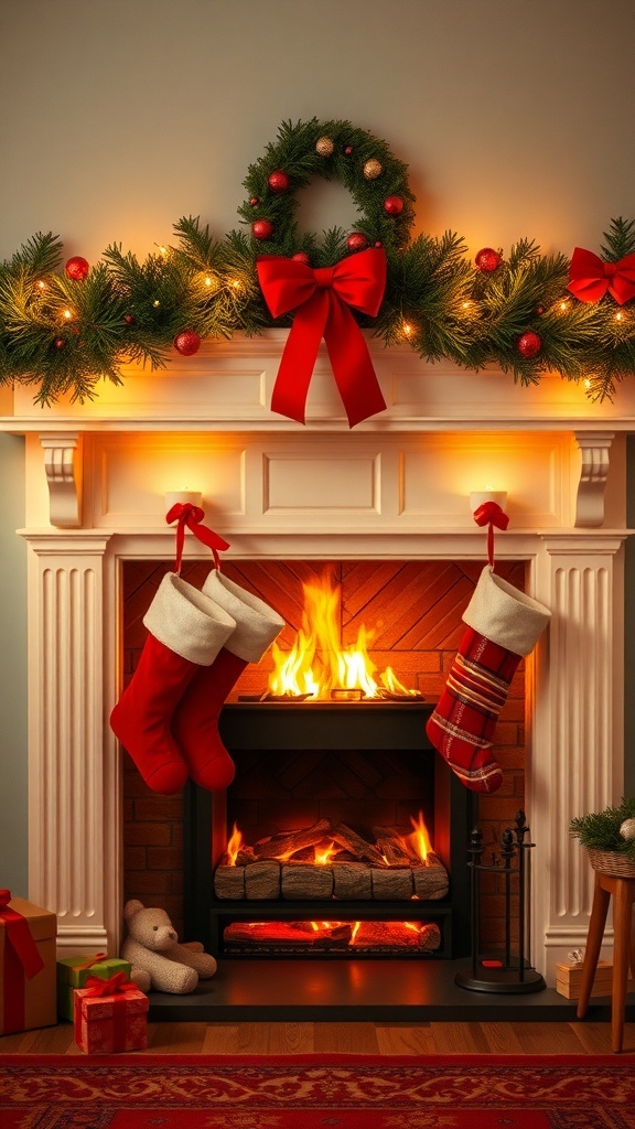A cozy fireplace decorated for Christmas with stockings, garland, and gifts.