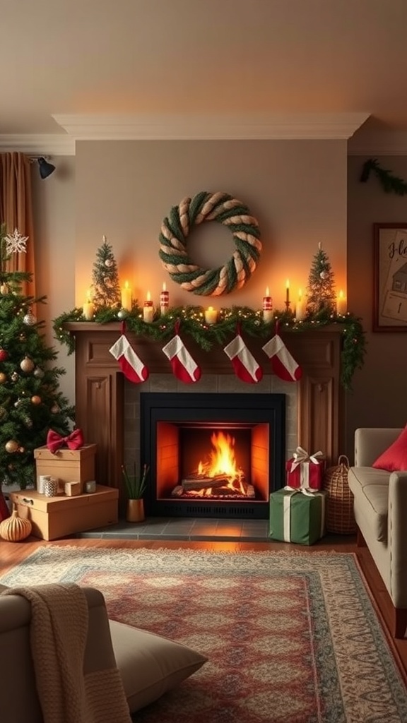 Cozy Christmas fireplace decorated with stockings, a wreath, and festive lights.