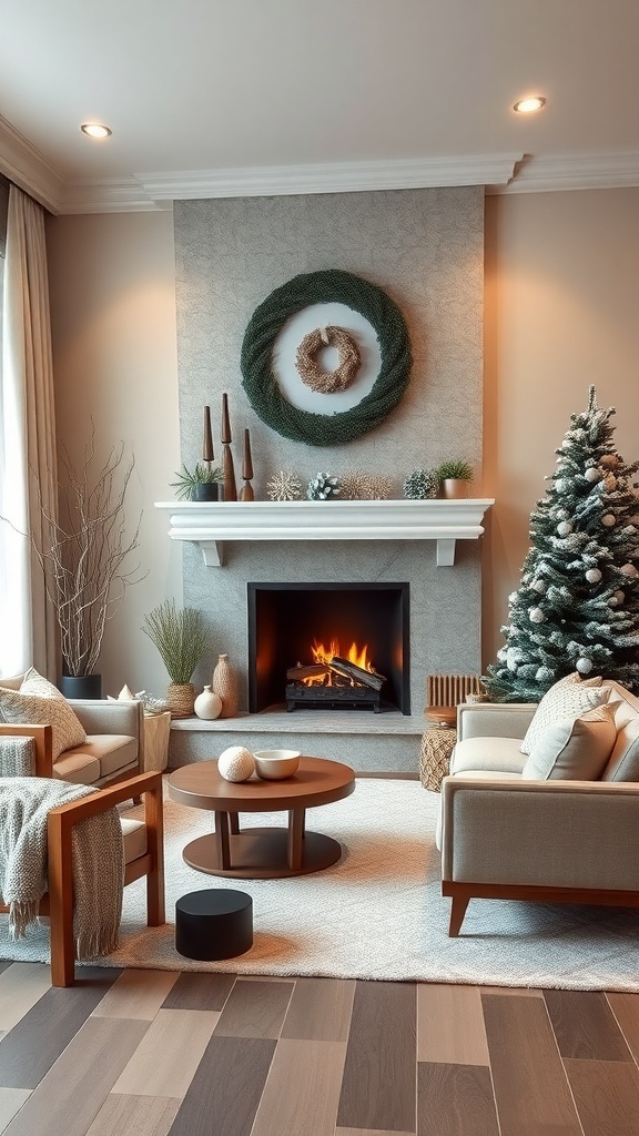 A cozy living room featuring a fireplace, decorated with a wreath and a Christmas tree.