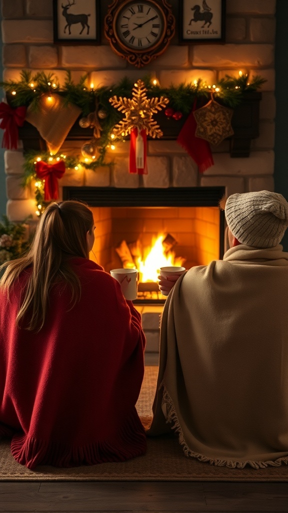 A couple sitting by a cozy fireplace, wrapped in blankets, enjoying hot drinks.
