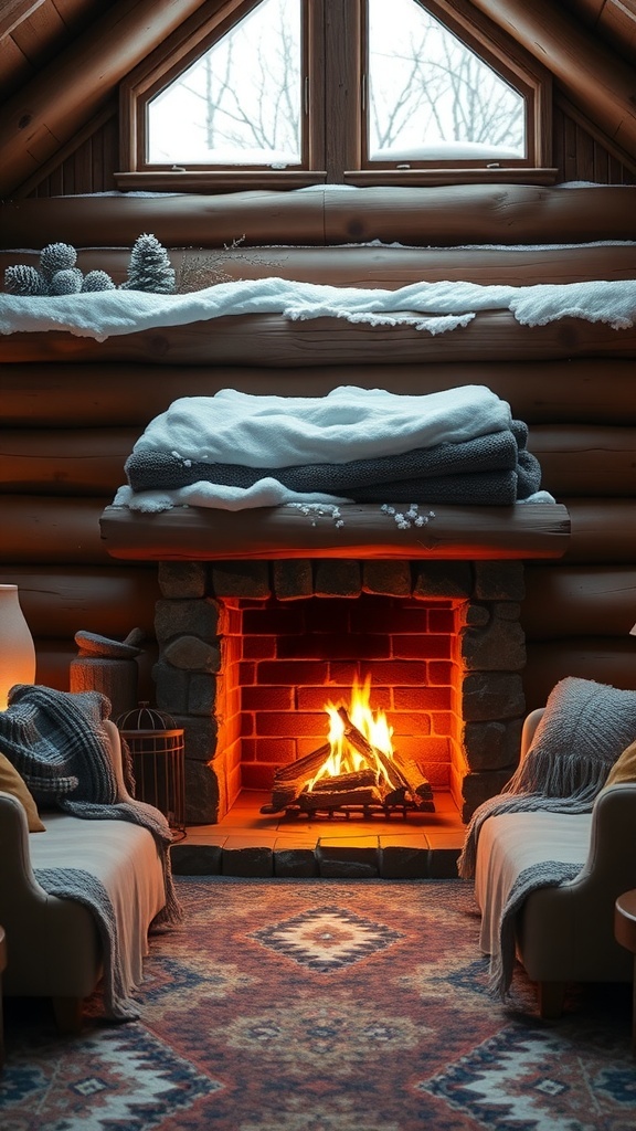 A cozy winter cabin interior featuring a warm fireplace, comfortable seating, and a rug.