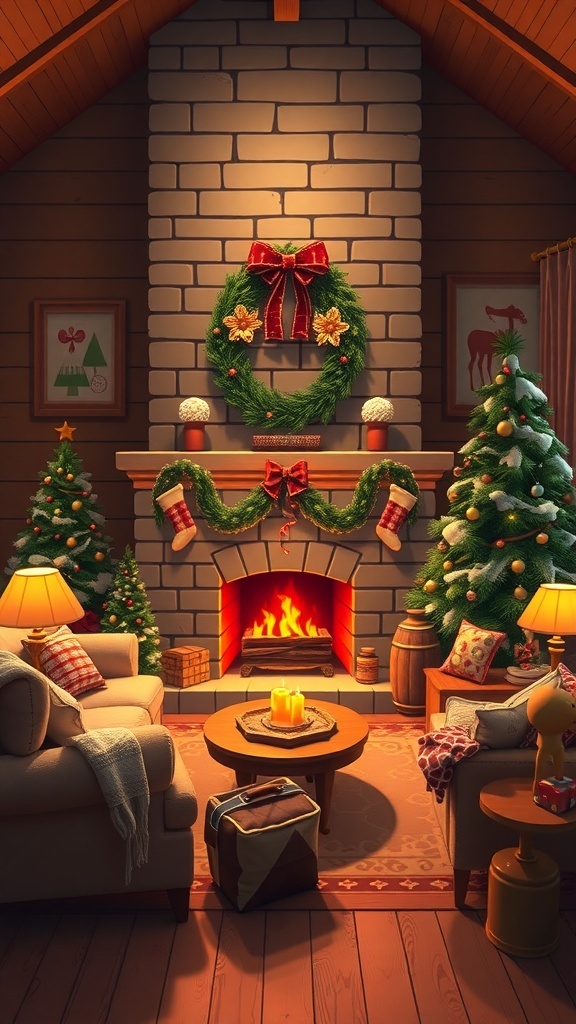 Cozy living room with a fireplace, decorated for winter with Christmas trees and festive ornaments.