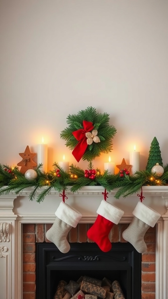 A beautifully decorated fireplace mantel with a garland, candles, and stockings for Christmas.