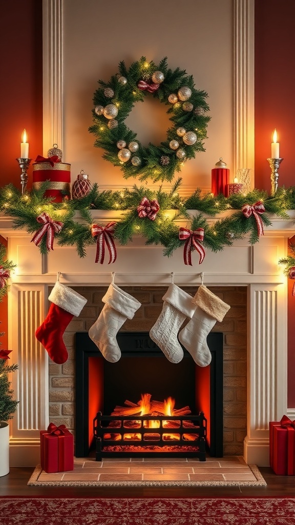 Cozy fireplace mantel decorated for Christmas with stockings, garland, and candles.
