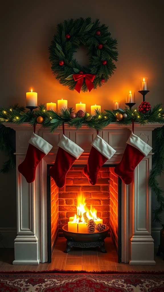 A beautifully decorated fireplace mantel for Christmas with stockings, candles, and a wreath.