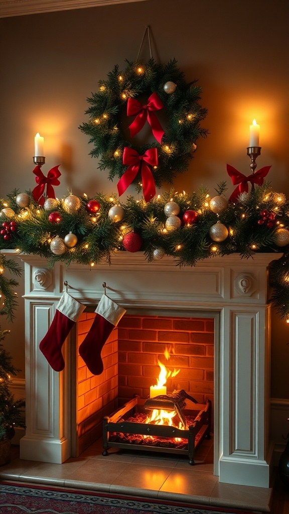 A beautifully decorated fireplace mantel with a wreath, garland, candles, and stockings for Christmas.